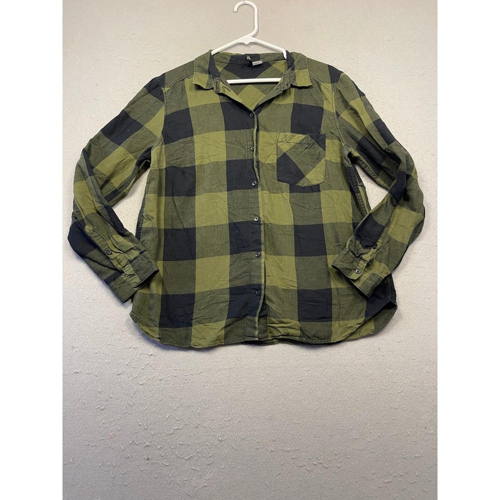 H&M Divided Shirt Cotton Olive Green Black Buffalo Plaid Size 10 Womens